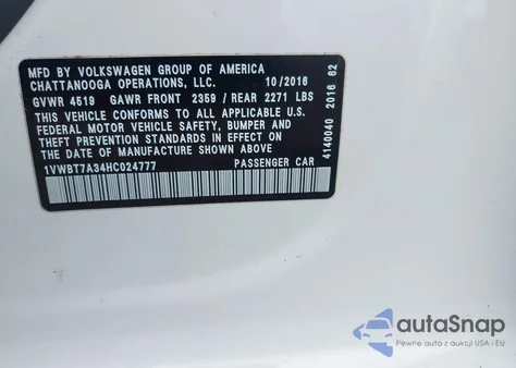 2017 Volkswagen Passat 1.8T Se z USA, uszkodzony, nr VIN 1VWBT7A34HC024777